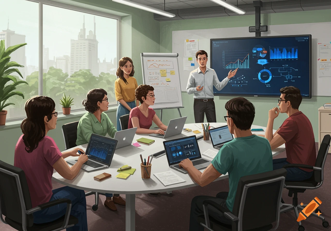 A diverse group of professionals attends a business training session, with one man presenting data on a large screen and whiteboard.