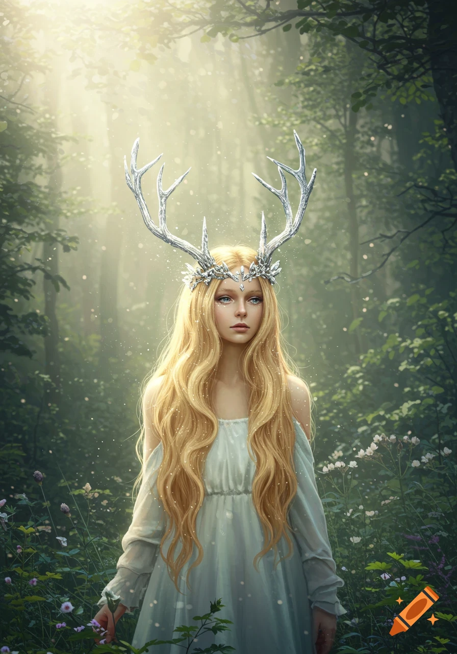 Blonde woman with silver deer antlers and white gown in an enchanted forest with dappled sunlight.