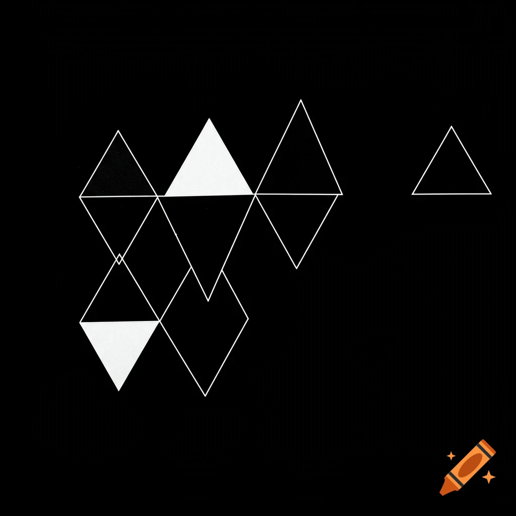 Abstract minimalist composition of black and white triangles on a black background.