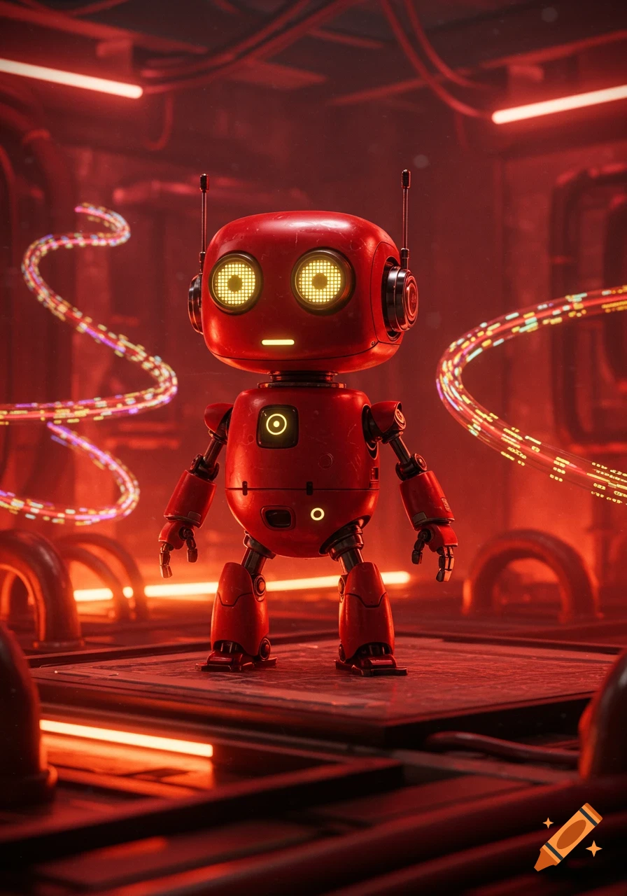 A cute red robot with glowing yellow eyes stands in a dark, red-lit futuristic room with glowing data cables.