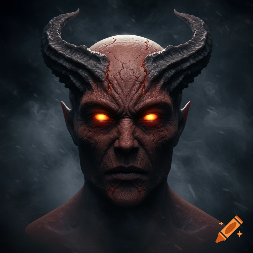 Cinematic close-up of a demonic face with red cracked skin, large black horns, and glowing orange eyes against a smoky dark background.