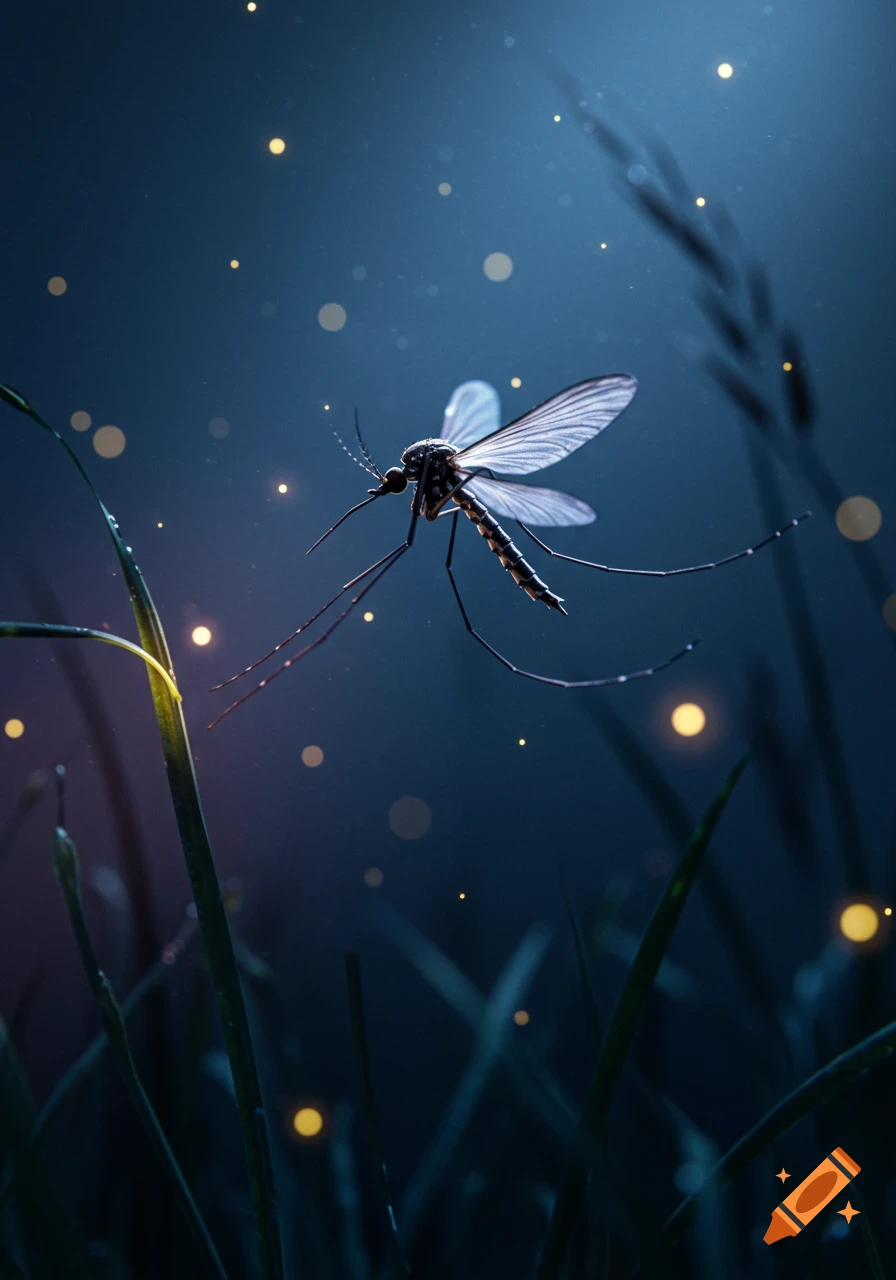 Close-up of a mosquito with transparent wings flying at night, surrounded by glowing particles and blades of grass.