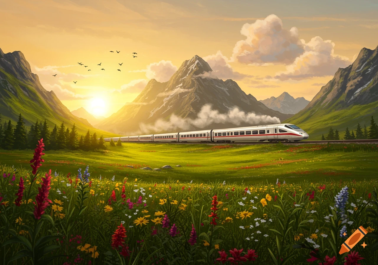 A white high-speed train travels through a vibrant green valley with colorful wildflowers and mountains at sunset, in a painterly style.