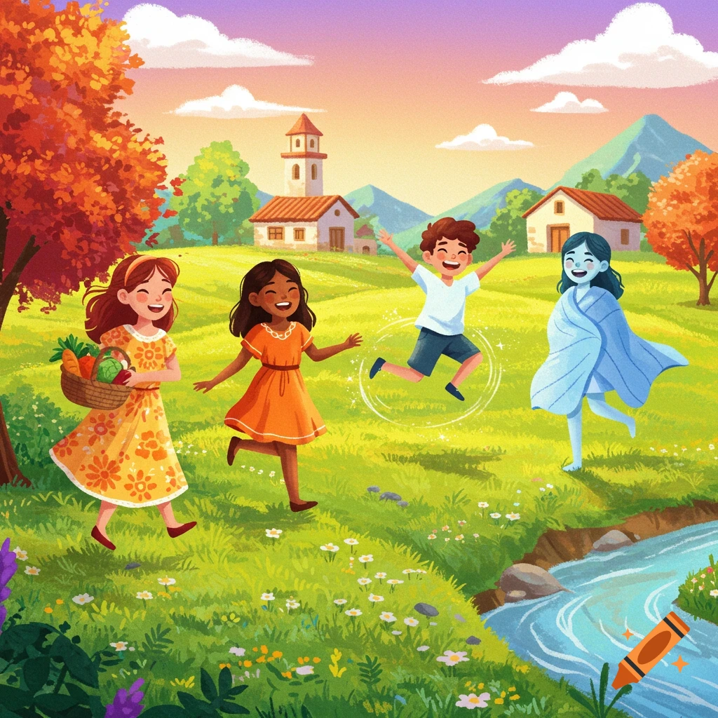 A vibrant cartoon illustration of four happy children playing in a sunny, green village landscape with a river and colorful trees.