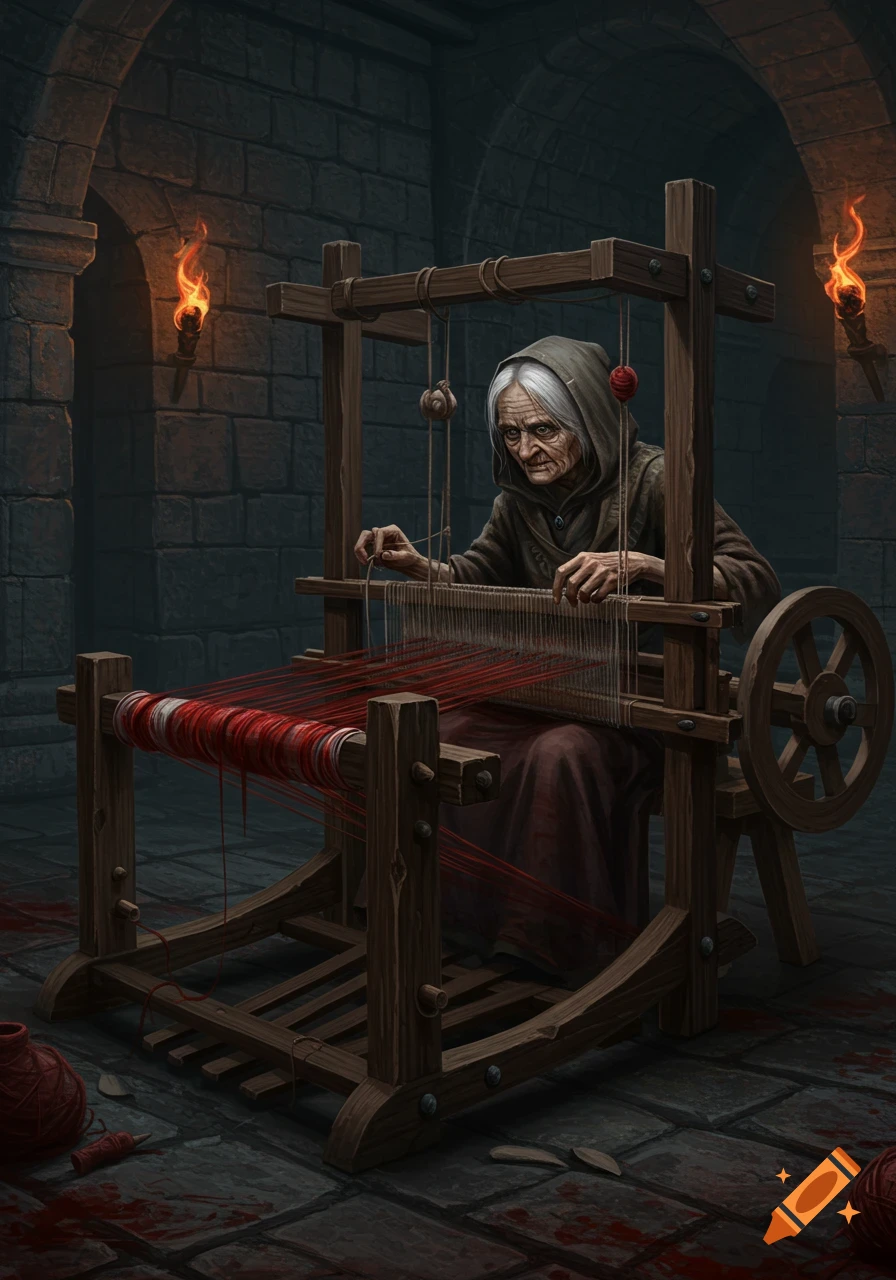 A gnarled old crone weaves blood-red thread on a wooden loom in a dark, torchlit dungeon with bloodstains on the stone floor.