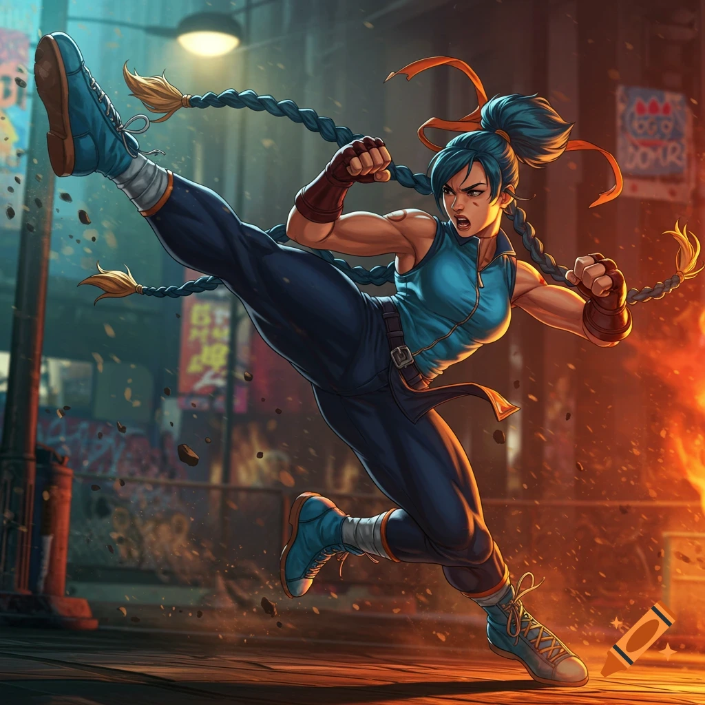 A stylized female fighter with blue braids performs a dynamic high kick in a gritty urban setting, ready for battle.