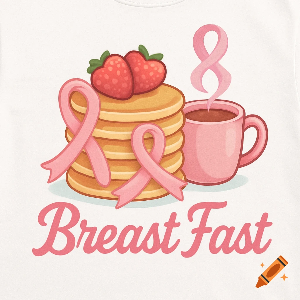 A stack of pancakes topped with strawberries and pink ribbons, alongside a pink coffee mug with steam forming a pink ribbon. Below the items, the text "Breast Fast" is written in a pink script font.