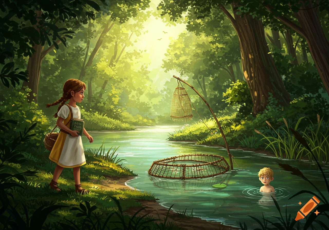 A fantasy illustration of a girl holding a book, walking by a river with fishing traps, as a boy emerges from the water.