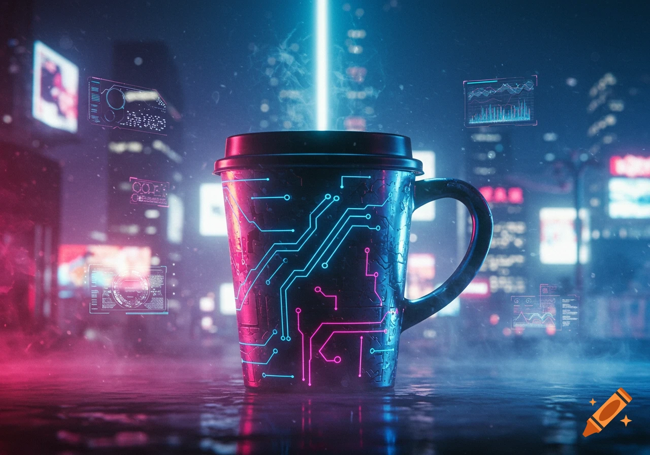 A glowing cyberpunk coffee cup with circuit patterns on a wet street, with neon city lights and holographic screens in the background.