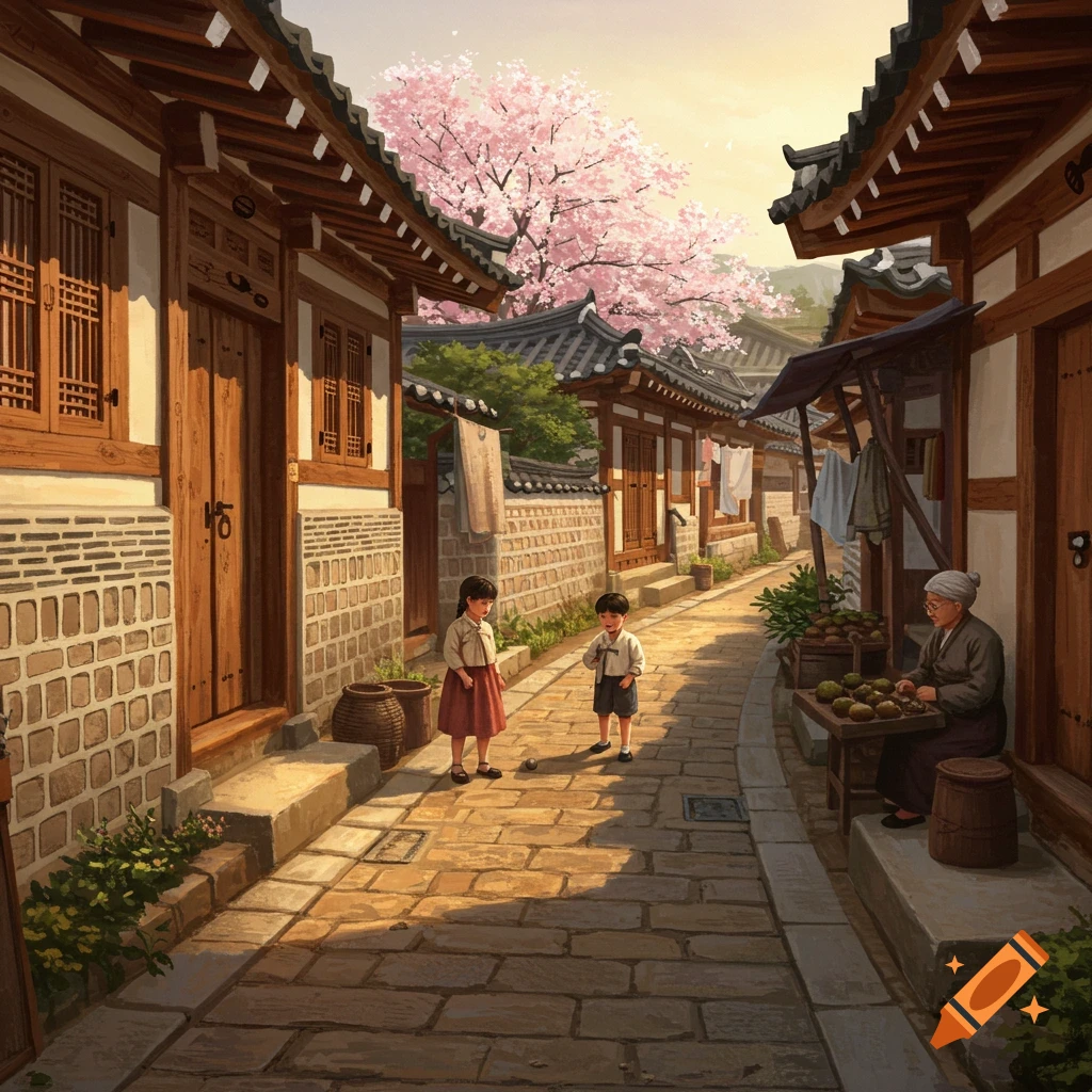A sunny, traditional Korean village alley with hanok buildings, cherry blossoms, two children, and an elderly woman selling goods.