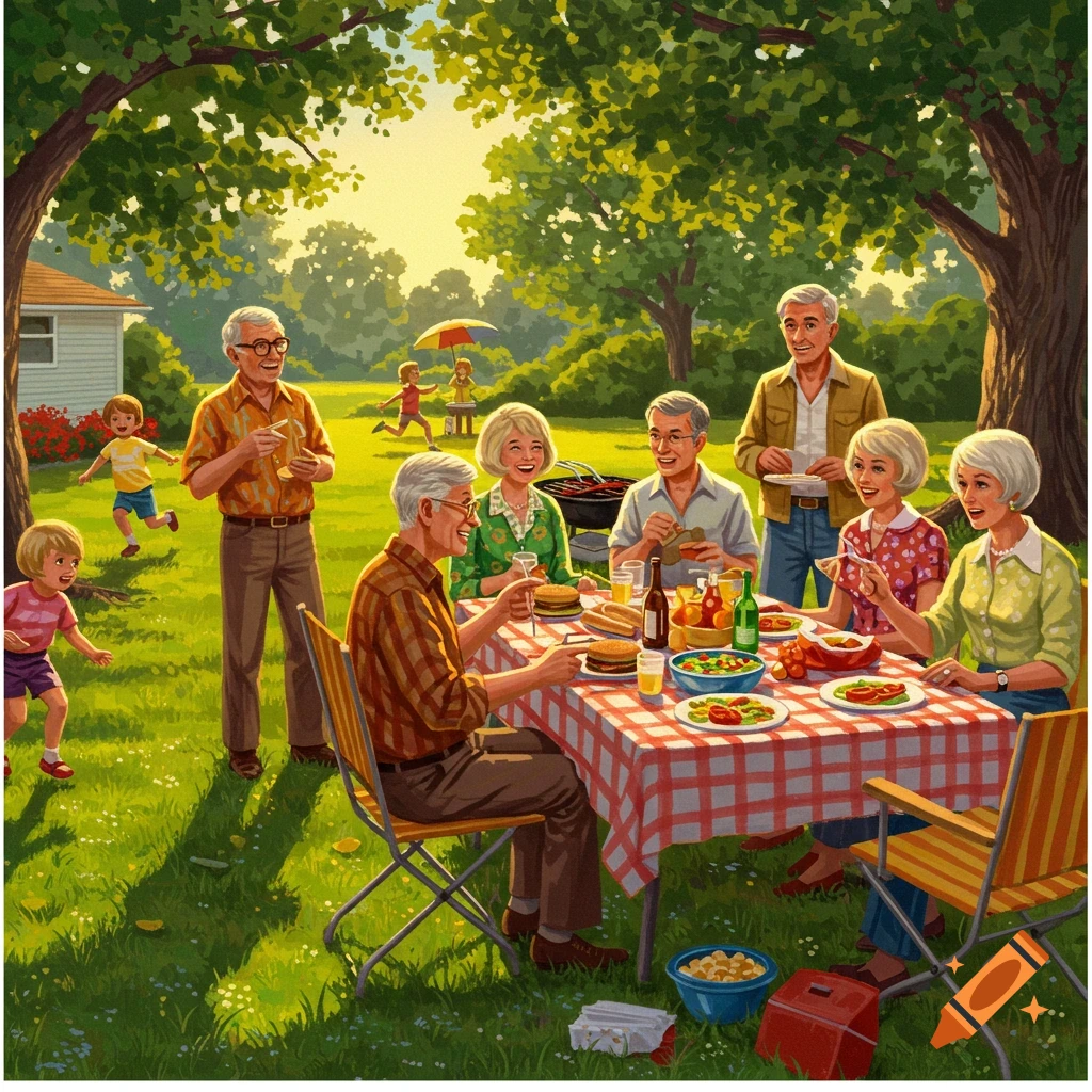 An illustrated scene of a multi-generational family having a sunny outdoor picnic in a park.