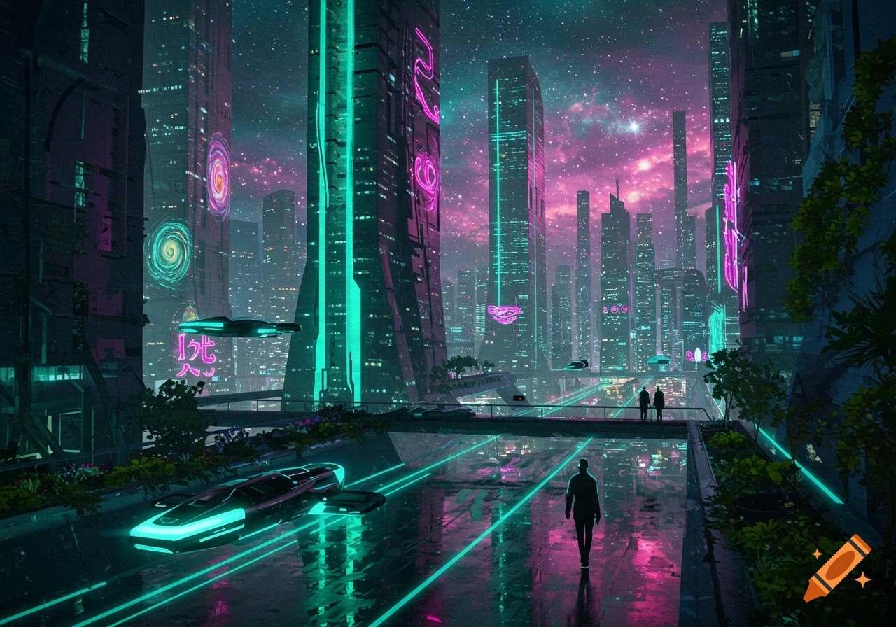 A vibrant cyberpunk city at night with neon-lit skyscrapers, flying vehicles, and people walking on a reflective, wet street.