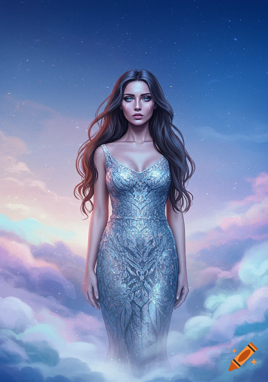 Digital art of a woman in a shimmering silver gown, with long dark hair and blue eyes, standing in a cloudy, starry sky.
