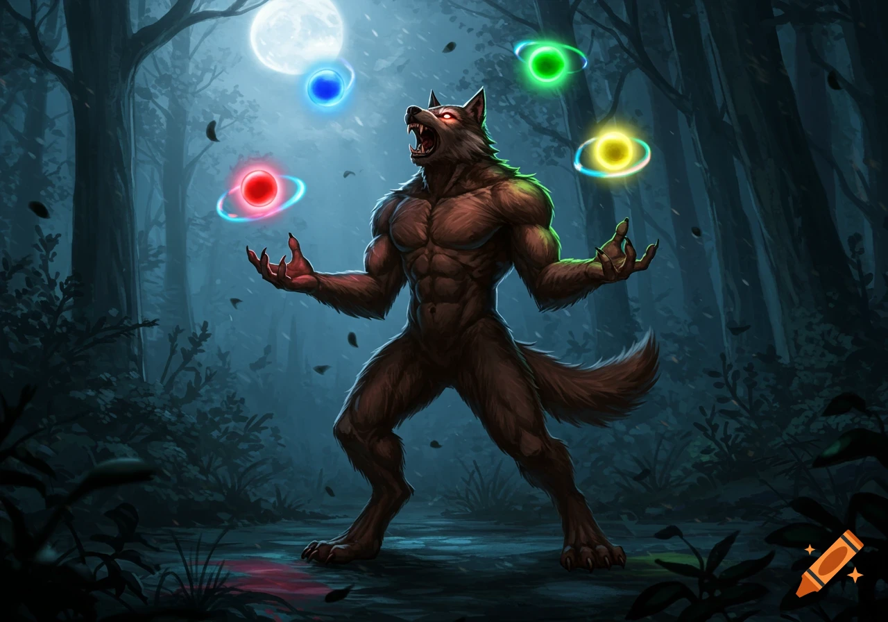 A muscular werewolf howls while manipulating four glowing orbs in a dark, moonlit forest, rendered in a fantasy art style.