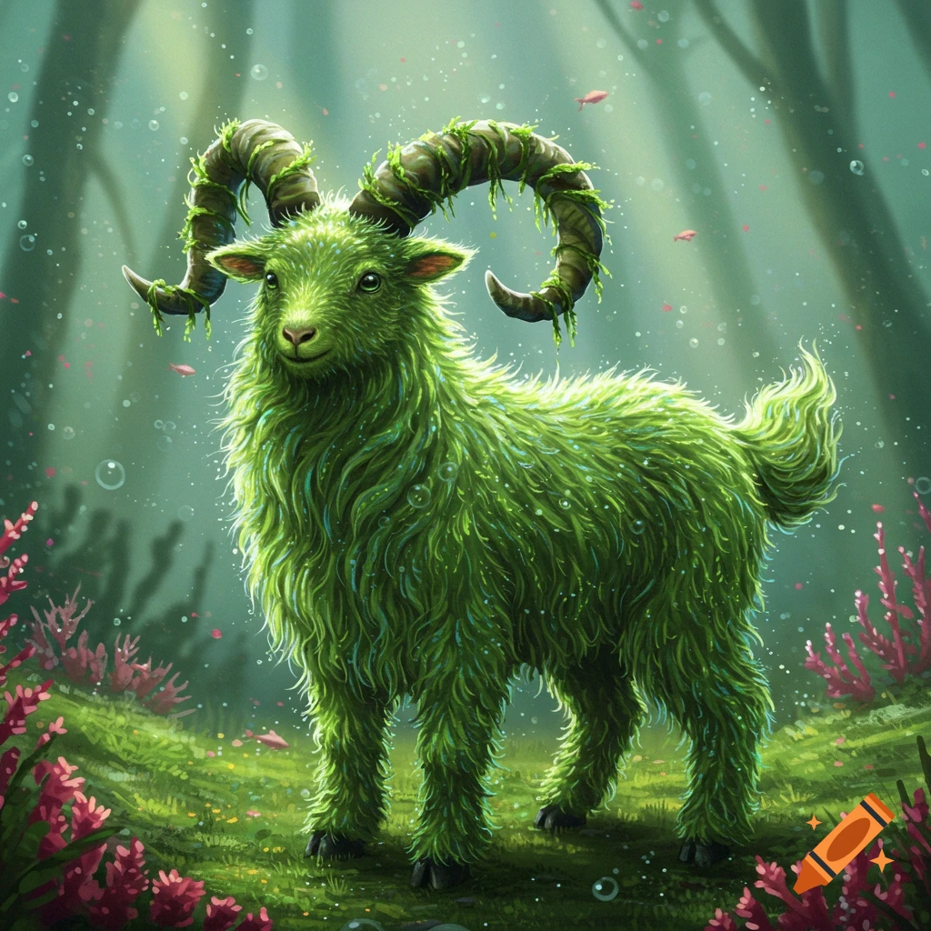A vibrant green goat with mossy fur and large, gnarled horns stands in a magical, glowing underwater forest with bubbles.