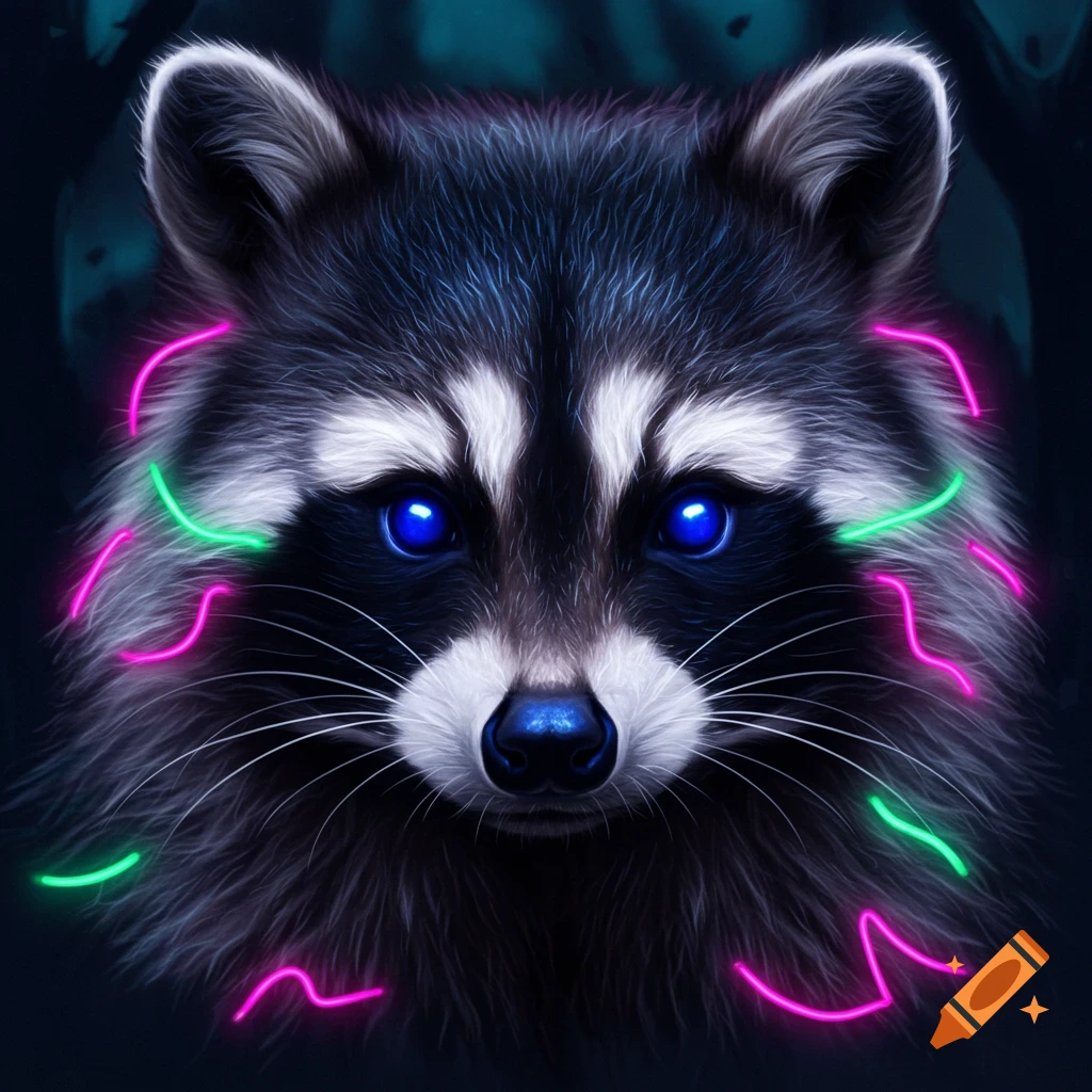 Close-up of a raccoon's face with bright blue eyes and wavy neon pink and green lights glowing around its fur.