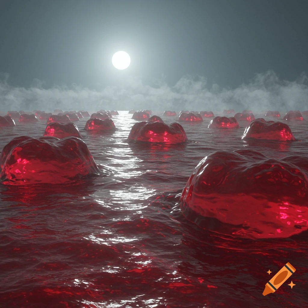 A moonlit sea of deep red, translucent gelatinous blobs floating on rippling red liquid under a cloudy, dark sky.