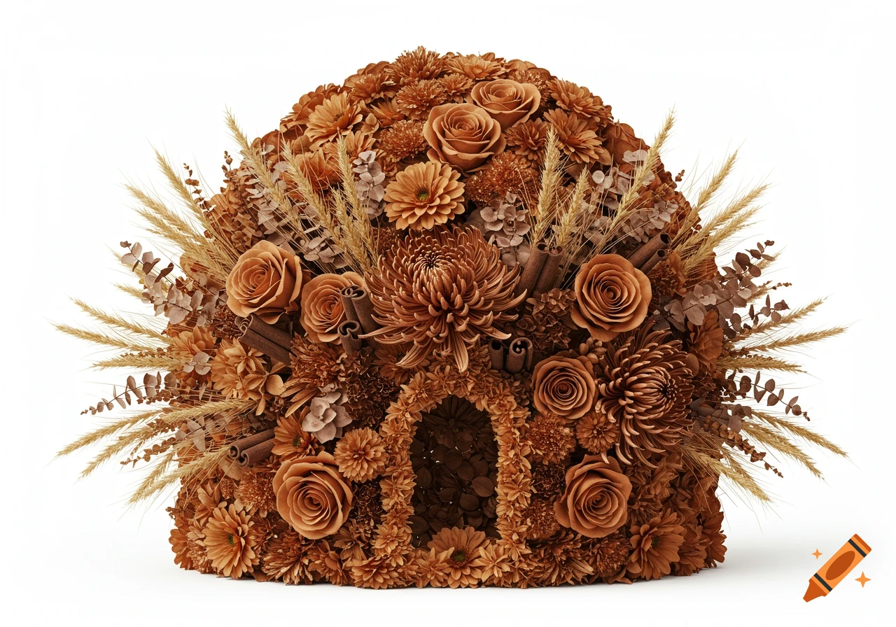 A detailed dome-shaped floral arrangement featuring amber roses, bronze chrysanthemums, cinnamon sticks, and golden wheat on white.