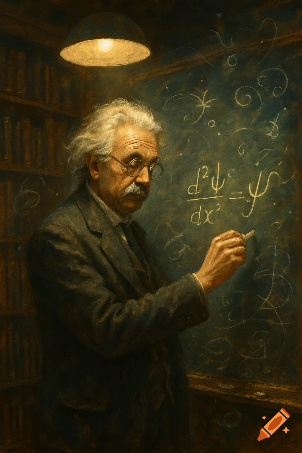 A painting of an elderly physicist, resembling Albert Einstein, writing a differential equation on a chalkboard in a dimly lit study.