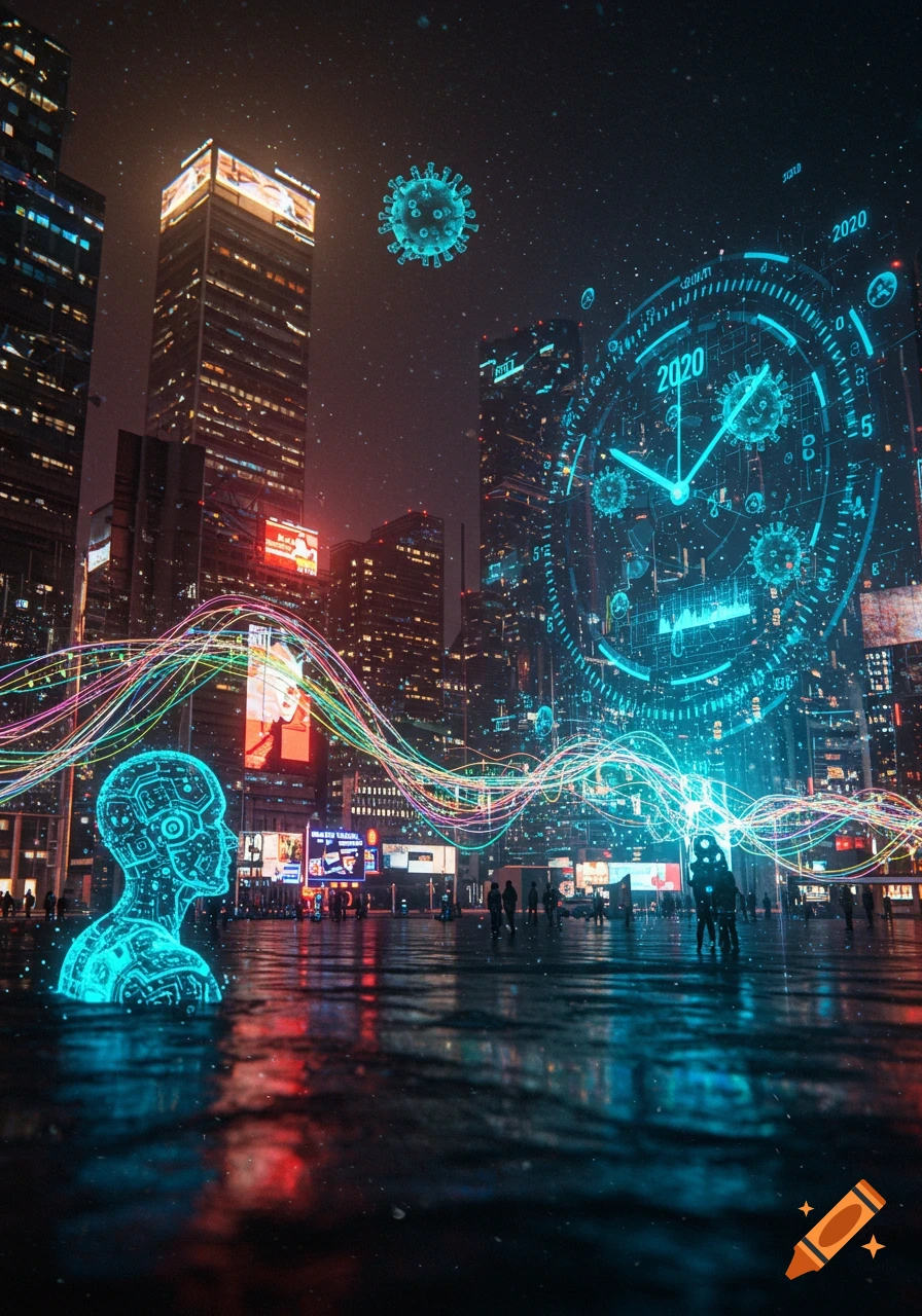 A futuristic cyberpunk cityscape at night with glowing digital elements, a large clock displaying '2020', floating virus symbols, and a neon human bust.