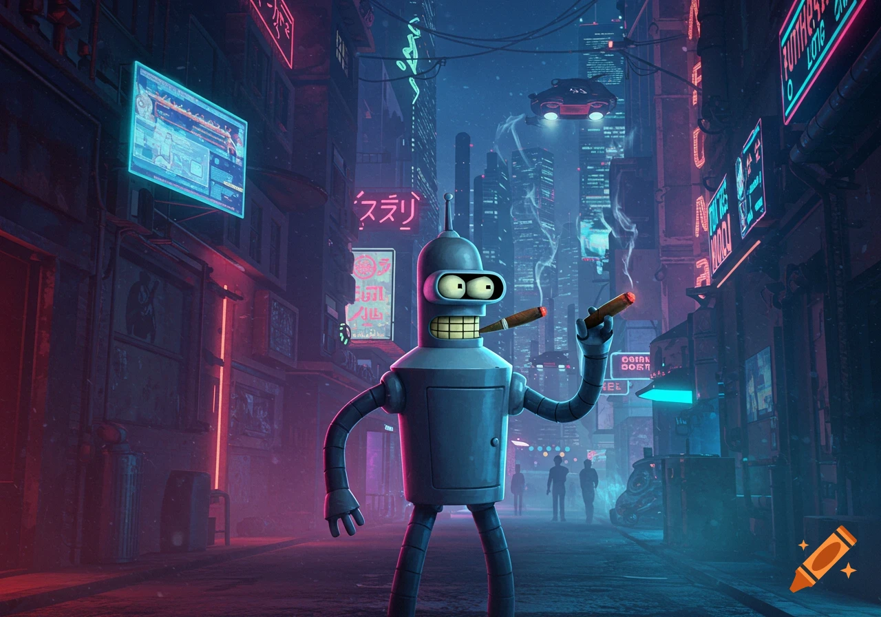 Bender smoking two cigars in a neon-lit cyberpunk city street at night, in a stylized illustration.