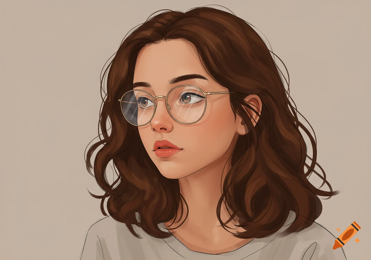 An illustrated portrait of a young woman with wavy brown hair and round glasses, looking to the side.