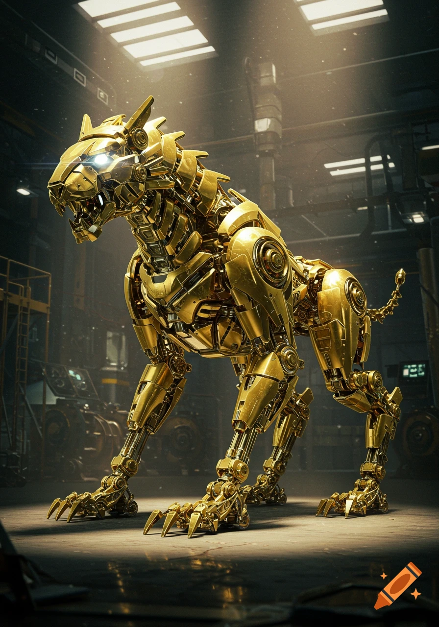 A majestic golden robotic big cat with glowing eyes stands in a dimly lit industrial setting.