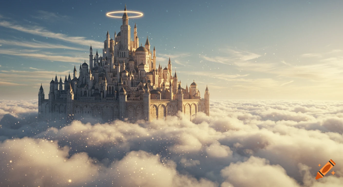A majestic, glowing castle floats above soft clouds in a dreamy, surreal fantasy landscape with magical particles and a halo.