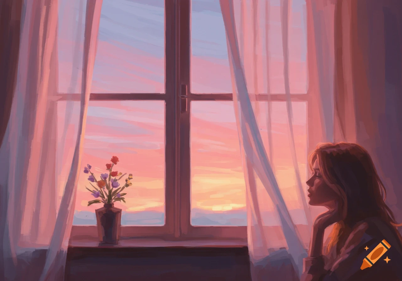 Impressionistic painting of a woman looking out a window at a pink and orange sunset with flowers on the sill.