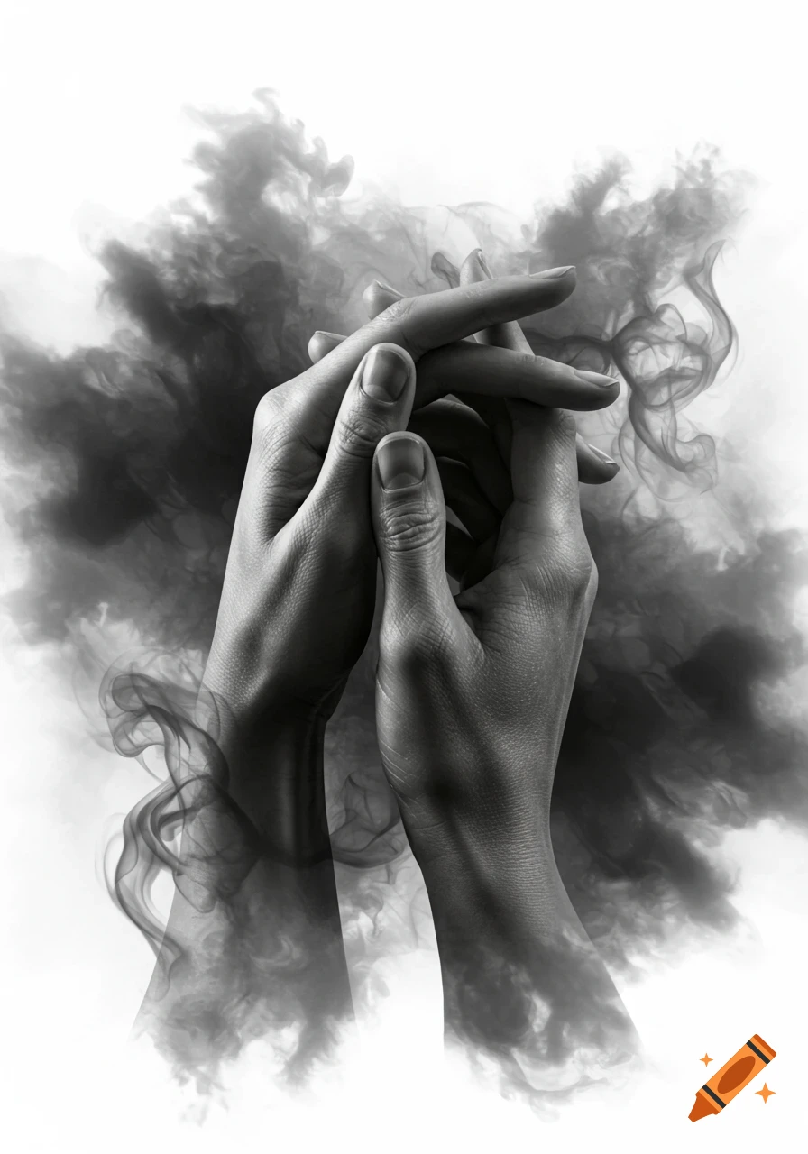 Two hands, one clasping the other's back, emerge from swirling black smoke against a white background in black and white.