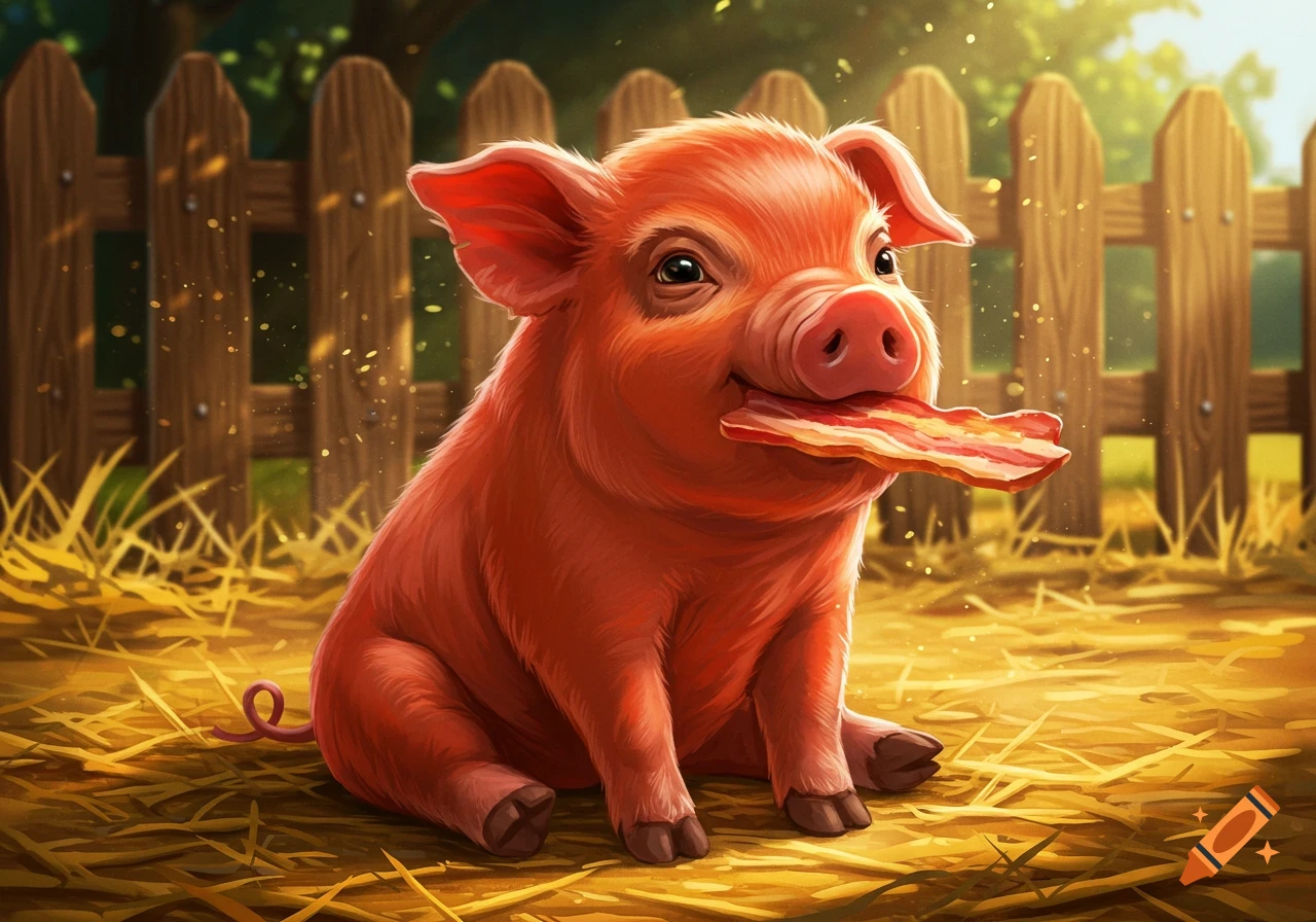 A cute cartoon pig sits in hay, happily eating a strip of bacon in a sunny farmyard with a wooden fence.