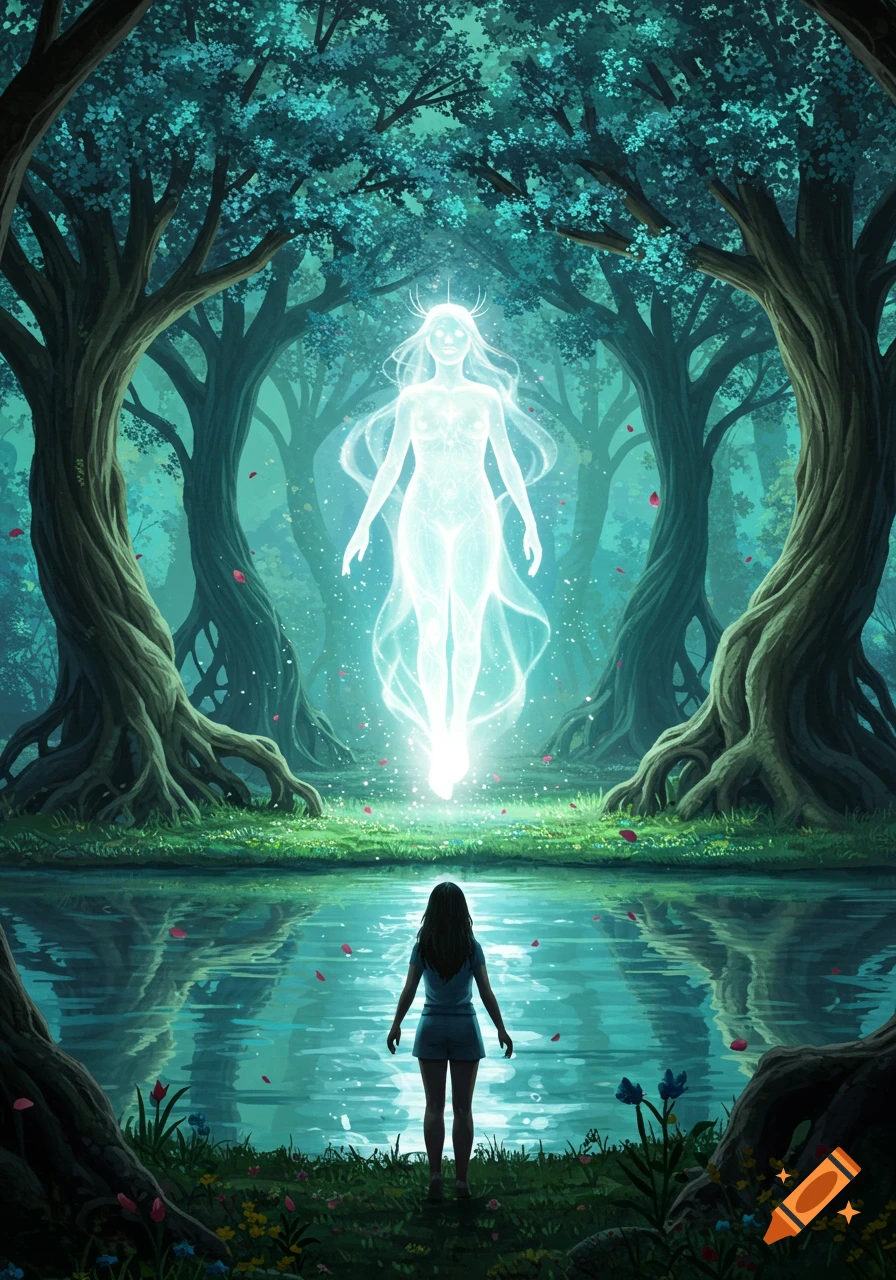 A person stands at the edge of a reflective pond, looking up at a glowing, ethereal humanoid figure floating in a mystical forest.