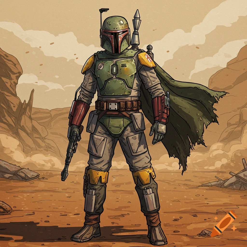 Boba Fett, in Borderlands comic book art style, stands in a desert holding a rifle.