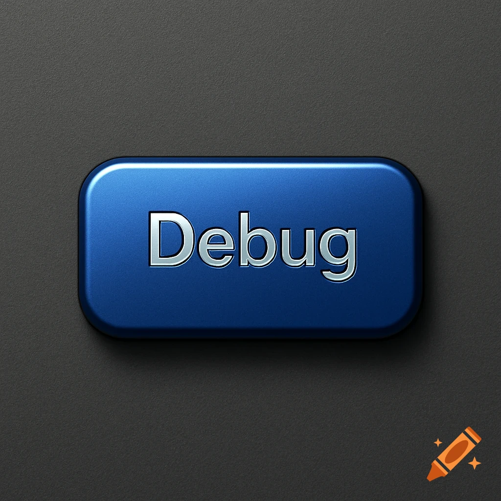 A blue, glossy button with the word 'Debug' in silver text, set against a dark gray textured background.