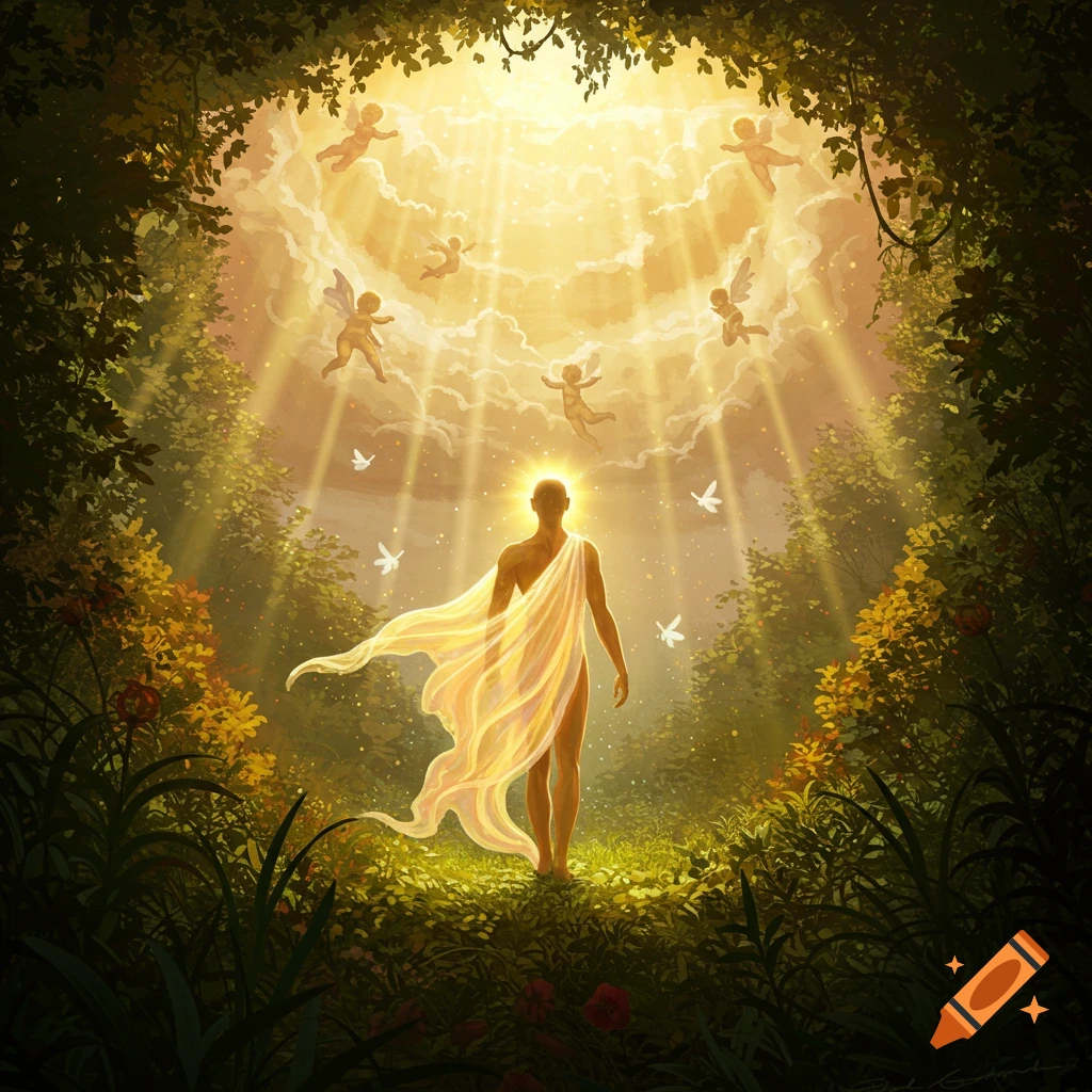 A glowing figure walks through a radiant, mystical forest with cherubs and doves flying in sunlit clouds above.