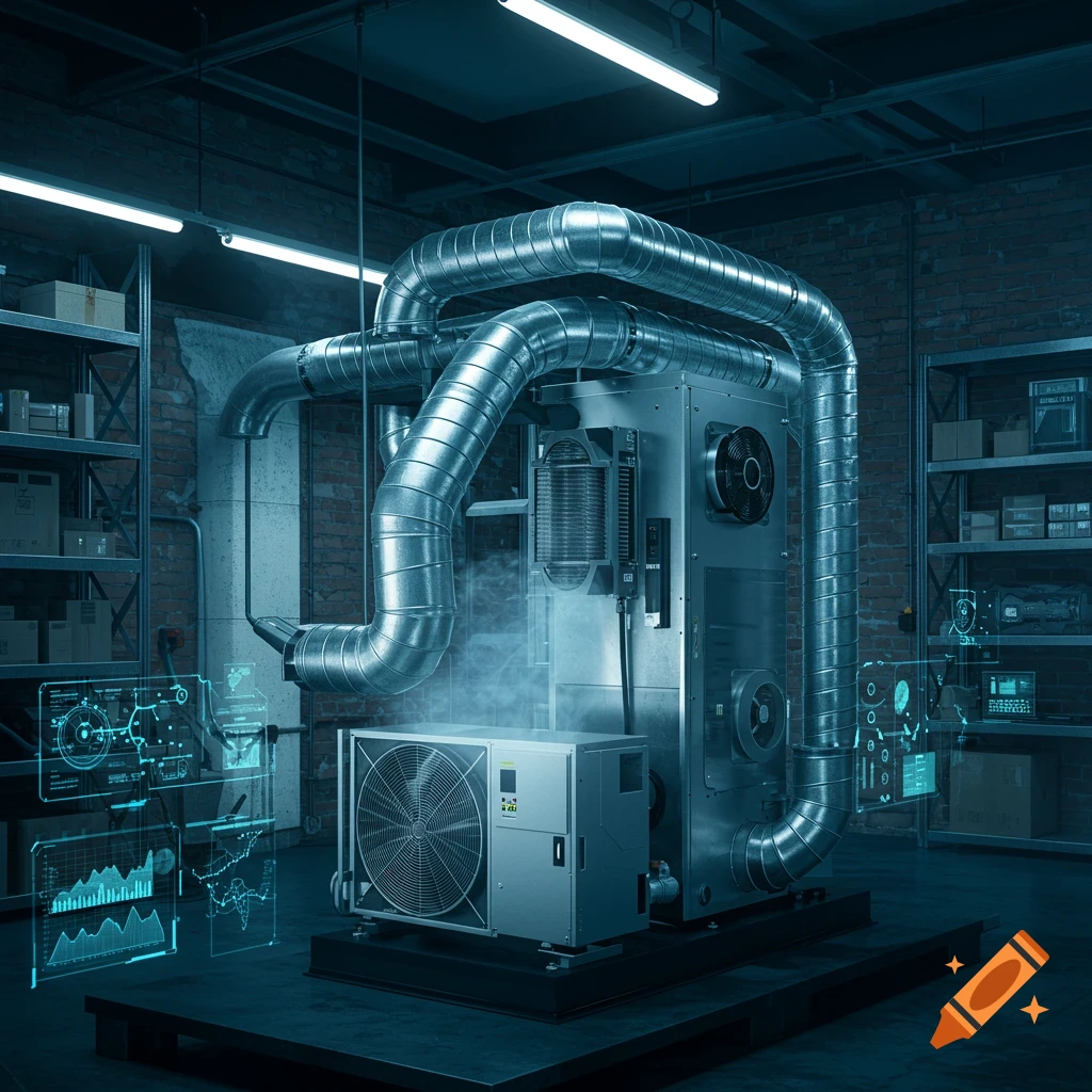 Large metallic HVAC system with ducts, emitting vapor, surrounded by glowing holographic data displays in a dark industrial room.