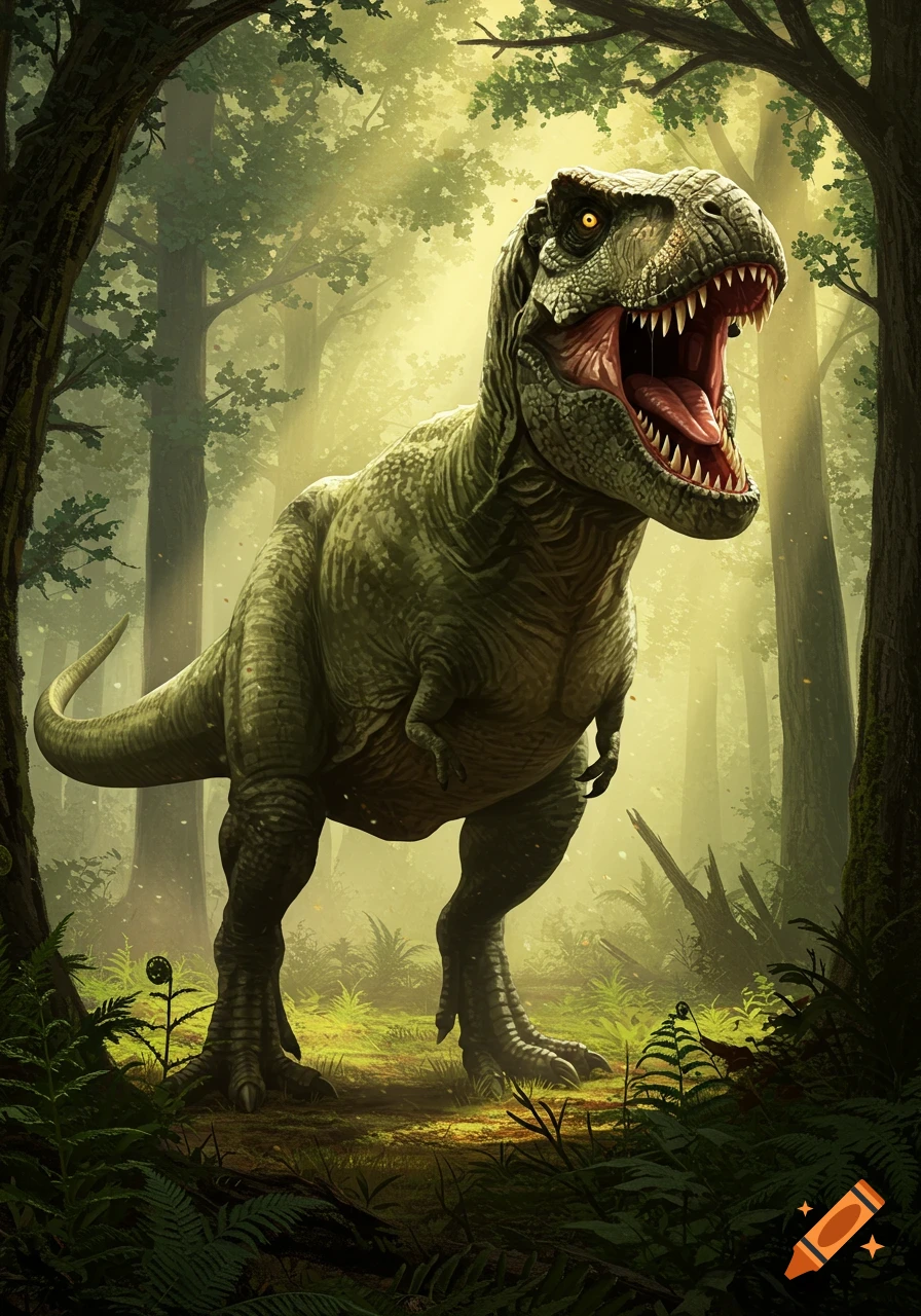 A large green Tyrannosaurus Rex roars in a lush, sun-dappled prehistoric forest.