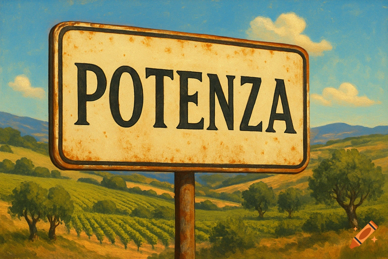 A rustic road sign displaying 'POTENZA' against a painted landscape of rolling green hills, vineyards, and a blue sky with clouds.