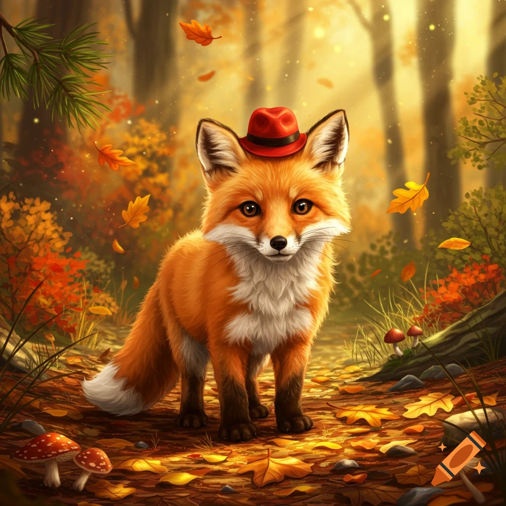 A cute fox wearing a small red hat stands on a leaf-strewn path in a vibrant autumn forest, looking forward.