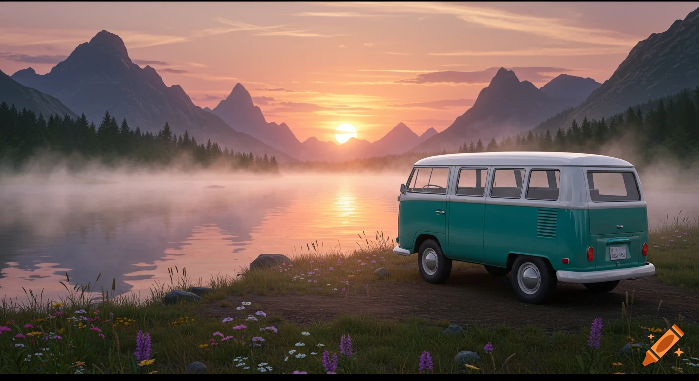 A teal and white VW bus parked on a dirt path next to a misty lake, surrounded by mountains and wildflowers at sunset.