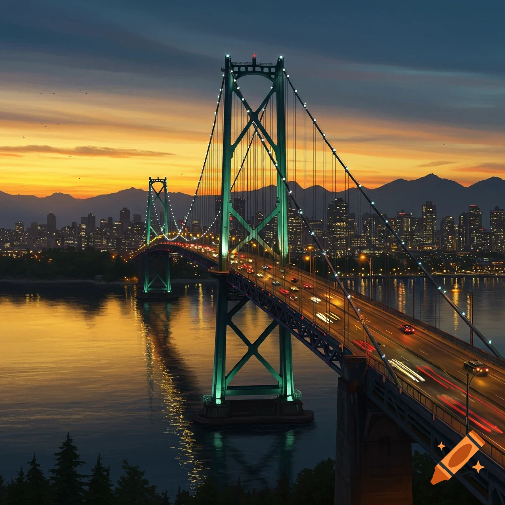 Illuminated Lions Gate Bridge at sunset with car light trails, reflected in the water, against a city skyline and mountains. Photorealistic.