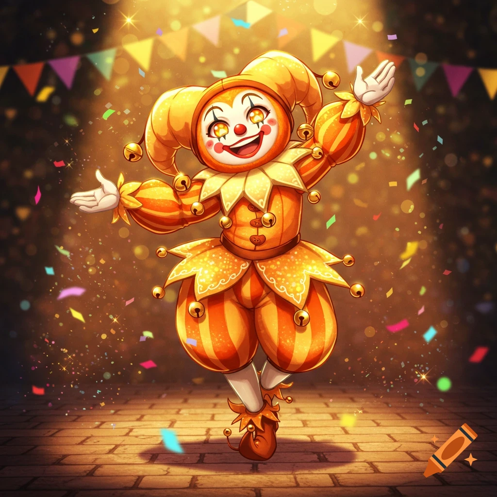 A cheerful orange jester in an anime style costume with bells and ruffles, surrounded by confetti and sparkling lights.