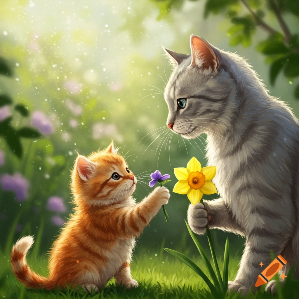 A cute orange tabby kitten offers a purple flower to a gray tabby cat holding a yellow flower in a sunny, grassy field.