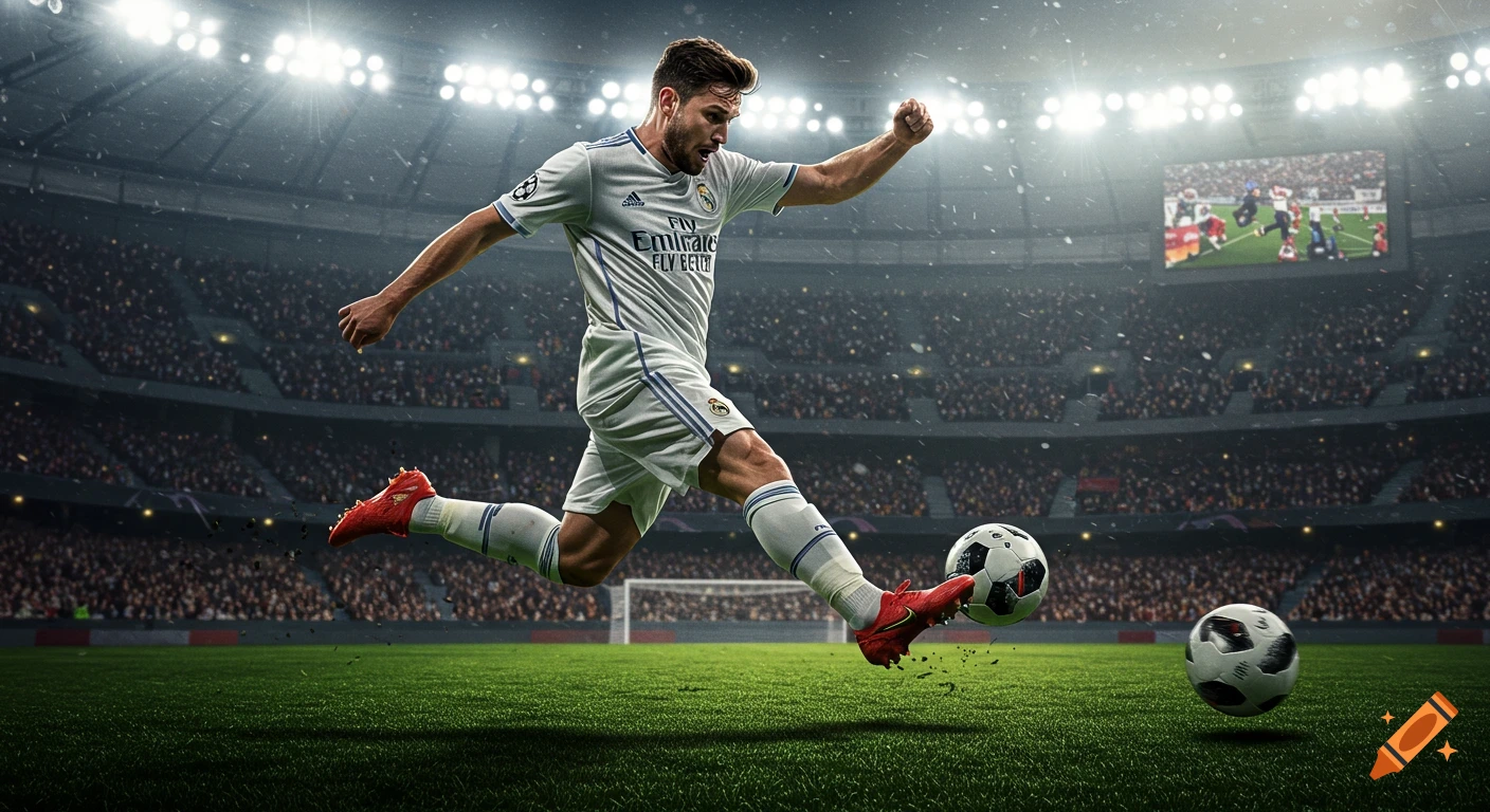 Photorealistic image of a male soccer player in a white uniform kicking a ball in a brightly lit stadium full of spectators.