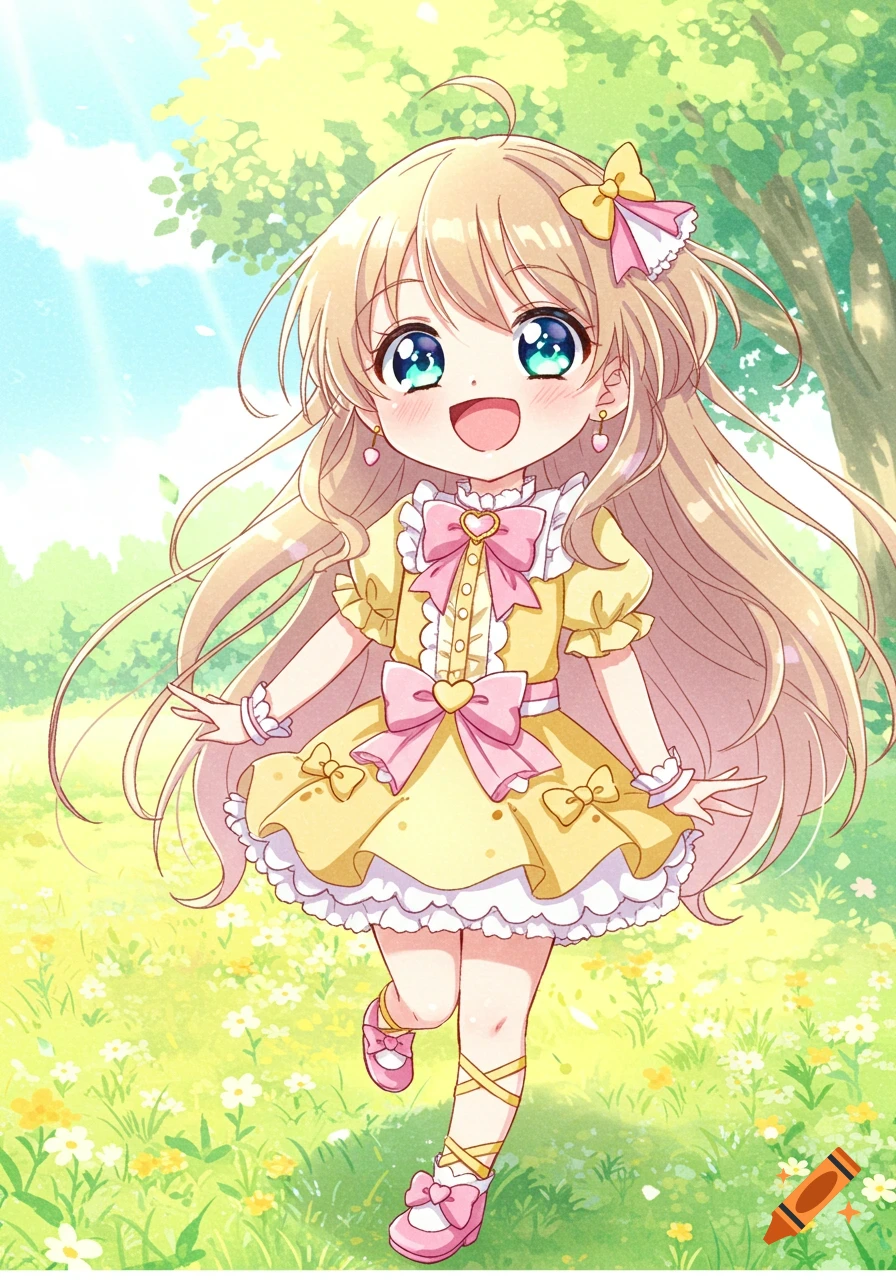 A cheerful anime girl with blonde hair in a yellow dress runs through a sunny green field with flowers.