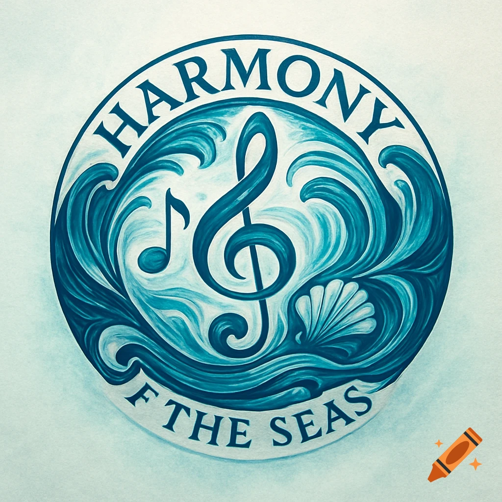 A circular logo with a treble clef, music note, swirling blue waves, and a seashell, with the text 'HARMONY F THE SEAS'.