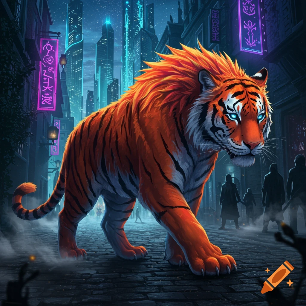 A large orange tiger with a spiky mane and glowing blue eyes walks down a dark, neon-lit cyberpunk city street at night.