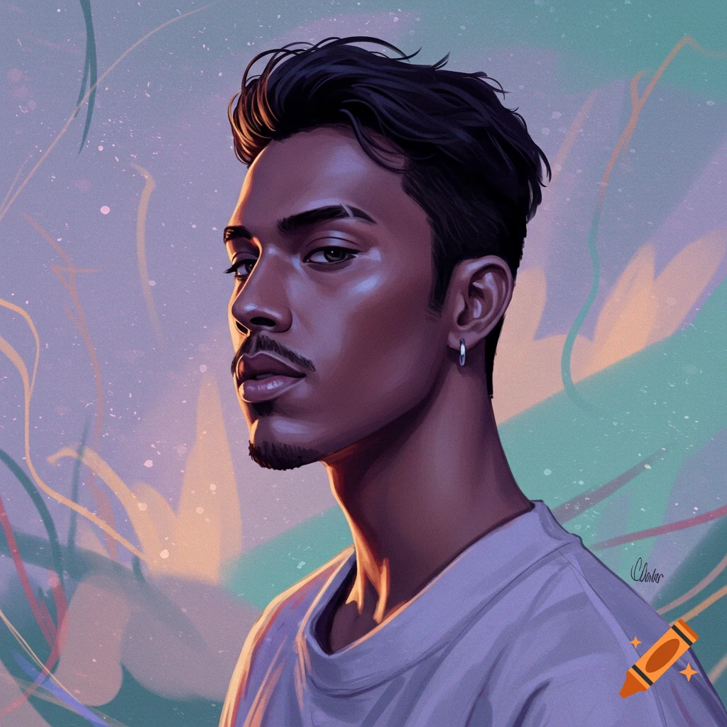 A striking digital painting of a man with dark hair, a mustache, and a goatee, wearing a silver hoop earring, in dramatic purple and orange lighting against an abstract background.