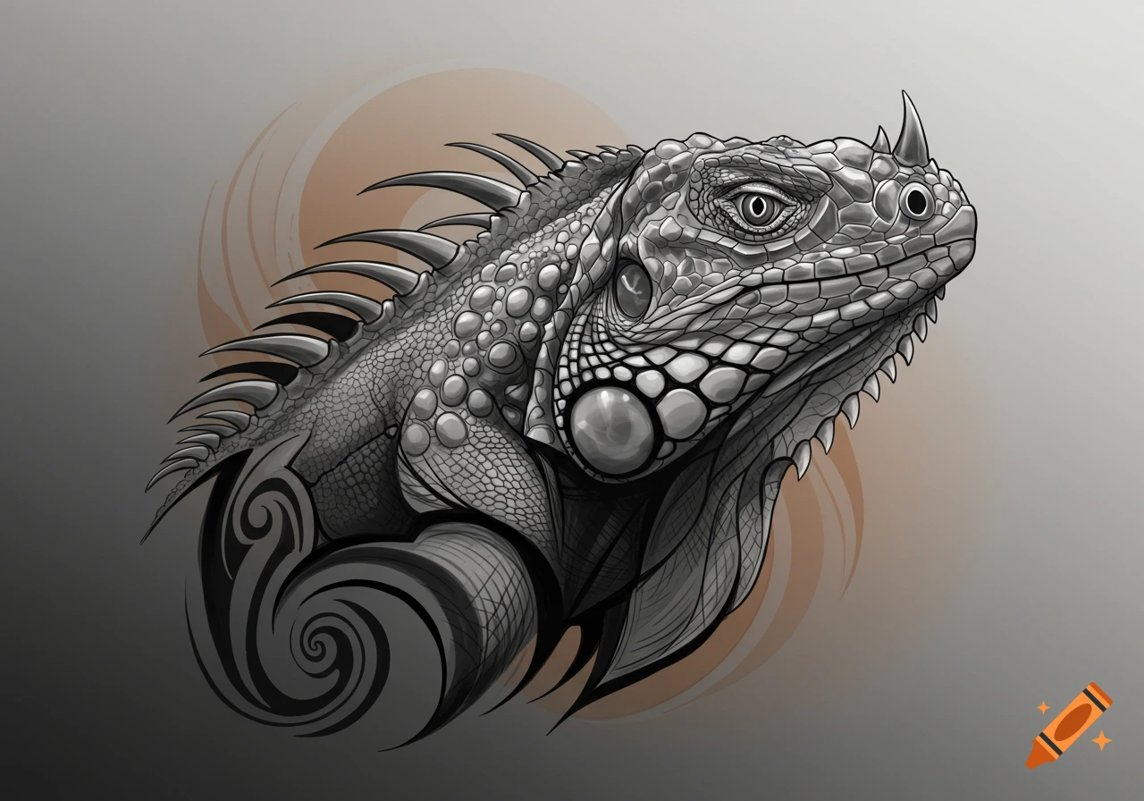 Detailed black and white illustration of an iguana head with scales and spikes, stylized with tribal swirl patterns in tattoo art style.