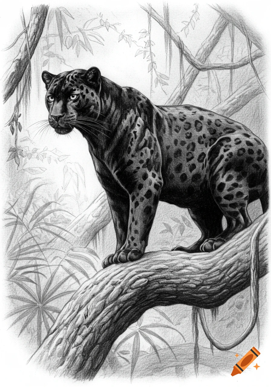 Pencil sketch of a black panther standing on a thick tree branch in a jungle environment.